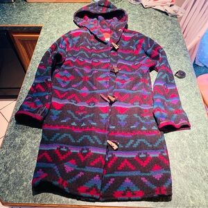 Woolrich VTG 70s Aztec Blanket Wool Jacket Trench Coat Black Red Womens M Medium